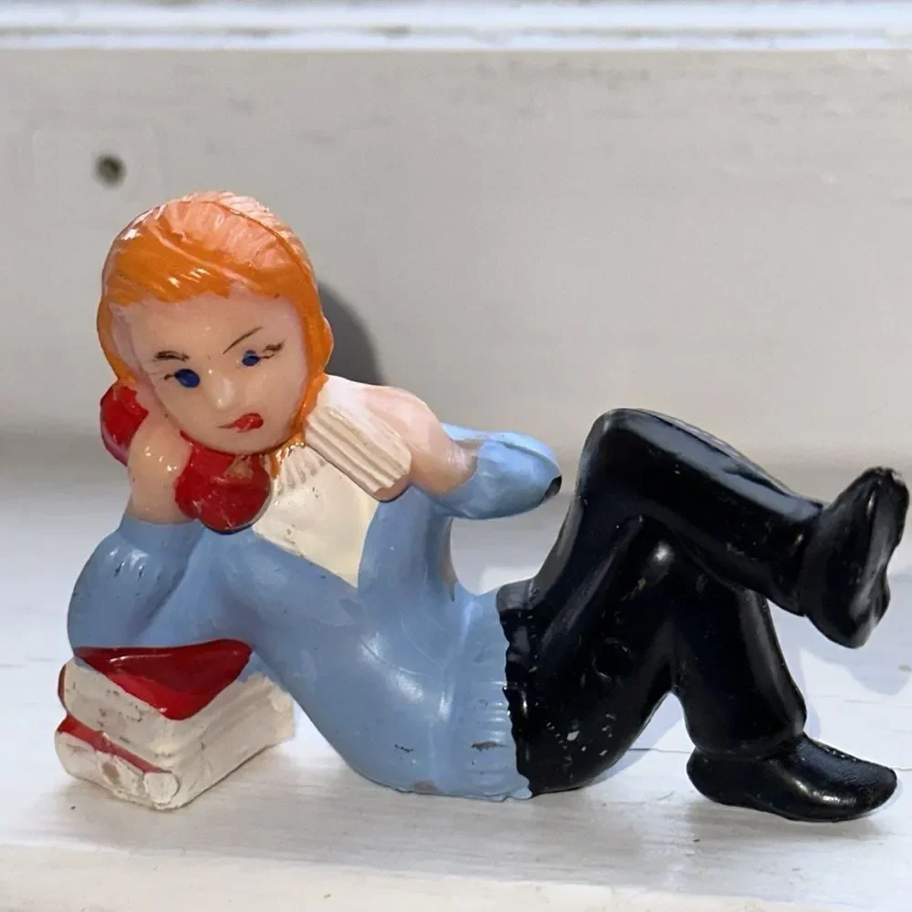 Two Vtg mid century‎ hard plastic male figures talking on the phone cake toppers